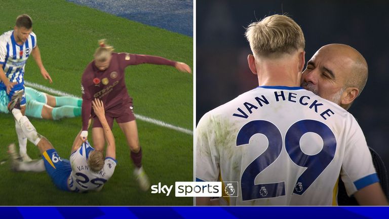 Erling Haaland tangled with Jan Paul van Hecke towards the end of Manchester City&#39;s loss at Brighton, while Pep Guardiola had an animated conversation with the defender after the game.