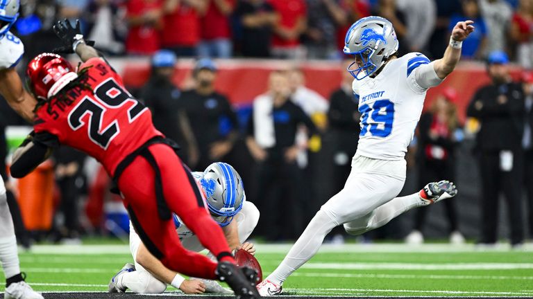 Detroit Lions place kicker Jake Bates (39) kicks a field goal against the Houston Texans during an NFL football game, Sunday, Nov 10, 2024 in Houston. The Lions defeated the Texans 26-23. (AP Photo/Maria Lysaker)