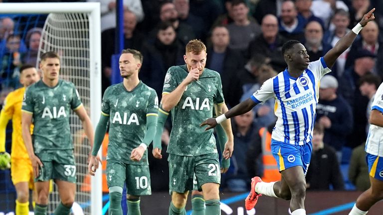 Brighton and Hove Albion's Yankuba Minteh (second right) celebrates scoring their side's first goal of the game during the Premier League match at the American Express Stadium, Brighton. Picture date: Sunday October 6, 2024.