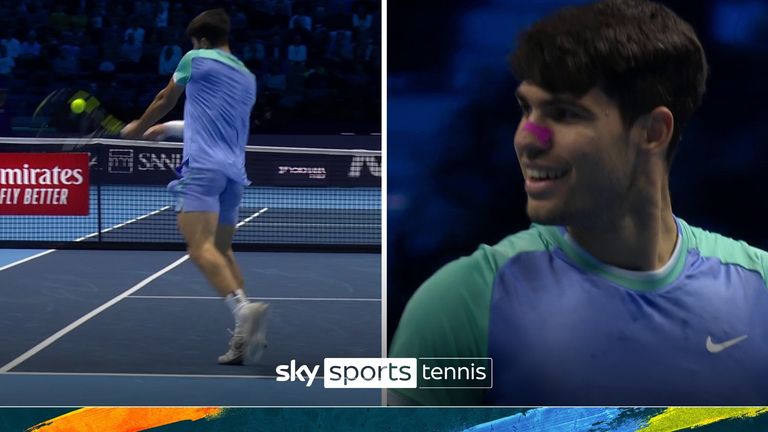 Carlos Alcaraz&#39;s brilliant backhand winner saw him move 5-3 ahead in the second set tie-break against Andrey Rublev at the ATP Finals.